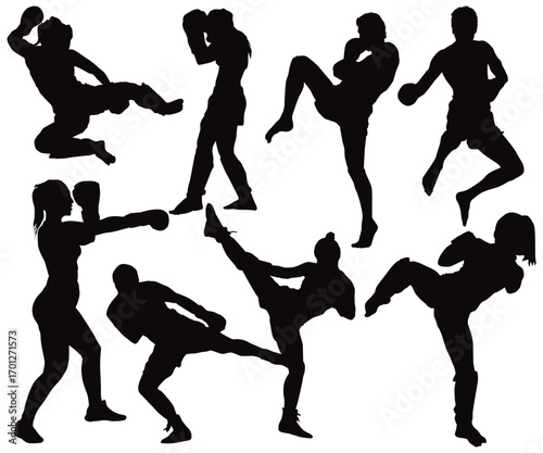 Punching Boxer silhouette. Fitness Woman Boxing Wearing Boxing gloves. Sports and games. Athlete training. Flying kick, jumping,  self defense pose. Mans fighting shadow in black and white background.