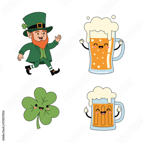 Joyful saint patricks day celebration with a playful leprechaun and frothy beer mugs and clover illustration for festive occasions