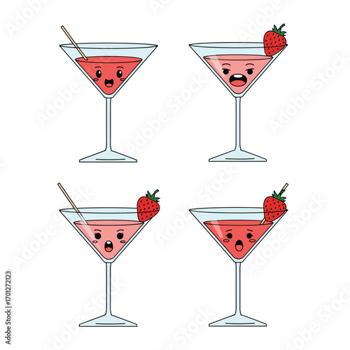 Four cute kawaii strawberry martini cocktails with expressive faces and garnishes for refreshing drinks