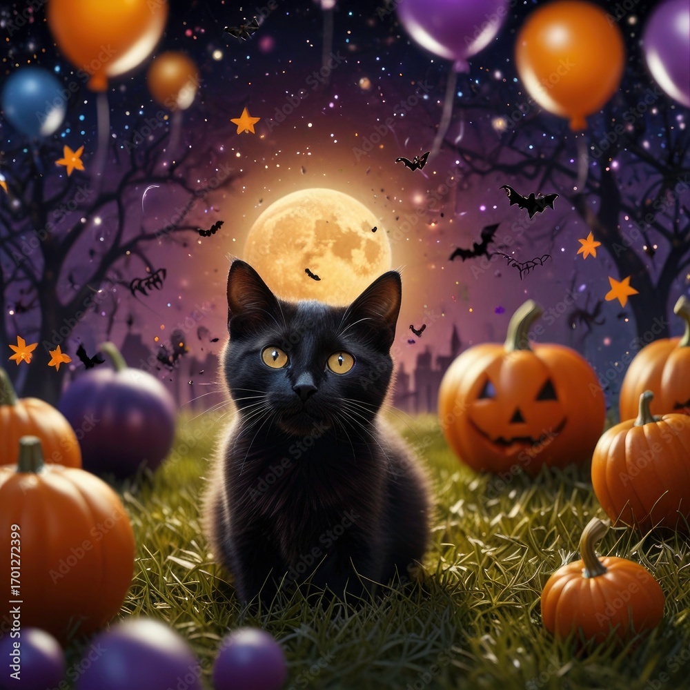 Fototapeta premium halloween cat and pumpkin