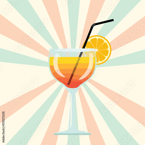 Refreshing orange and yellow cocktail with citrus garnish and striped background pattern