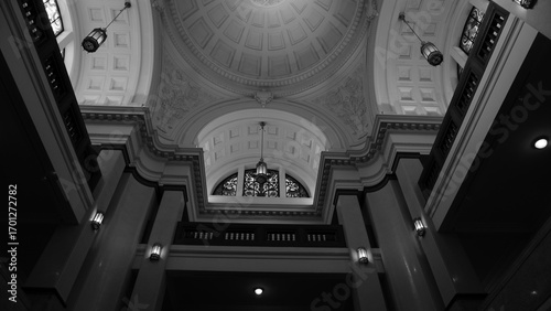 Symmetrical Grand Museum Interior with a Domed Ceiling in Monochrome