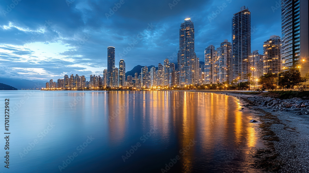 Fototapeta premium Stunning city skyline reflecting water dusk, showcasing vibrant lights and serene atmosphere