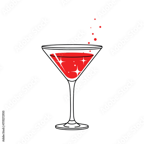 An elegant martini glass filled with a vibrant red beverage sparkles with light reflections and a few red droplets rise from the surface