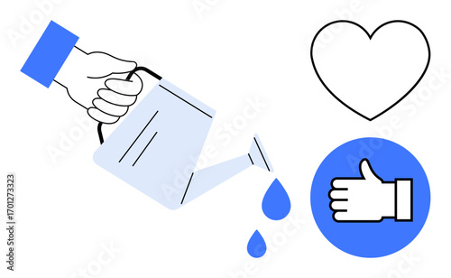 Hand holding a watering can, pouring water drops near a heart and thumbs-up icons. Ideal for care, relationship growth, support, encouragement, sustainability, emotional well-being, simple landing