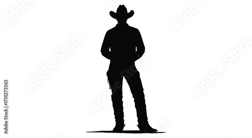 a silhouette of a cowboy standing tall against white background