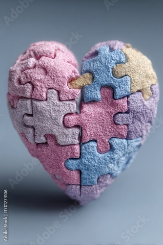 Brain with jigsaw heart, concept of autism spectrum disorder, memory challenges, and World Mental Health Day awareness.