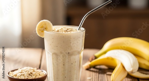 Creamy banana oatmeal smoothie in a glass with bananas and oats.