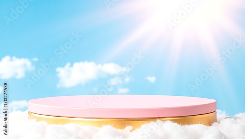 A whimsical pink and gold container rests gracefully atop fluffy white clouds, creating a dreamy, ethereal scene that evokes a sense of wonder and tranquility.