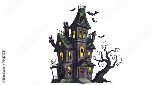 Eerie victorian haunted mansion with glowing windows and gnarled trees perfect for halloween decor and spooky ambiance transparent background