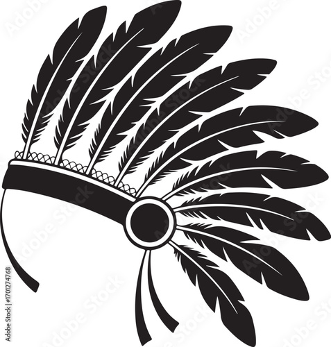 A stylized black and white drawing of a traditional Native American war bonnet or headdress.