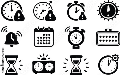 Time management and alert icons in black and white 
