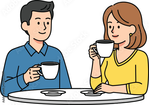 Cartoon couple enjoying coffee, sitting at table, smiling, relaxed moment, hot drink, casual conversation, peaceful scene, romantic illustration, cozy