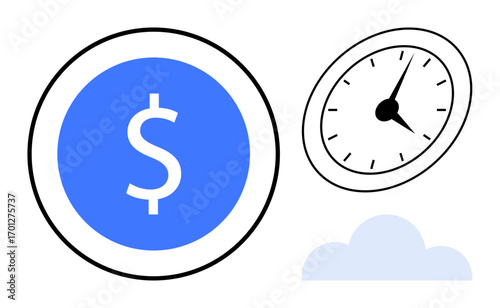 Dollar coin, analog clock with black hands, and simple cloud shape. Ideal for finance, time management, productivity, business strategy, planning motivation and savings. Simple flat metaphor