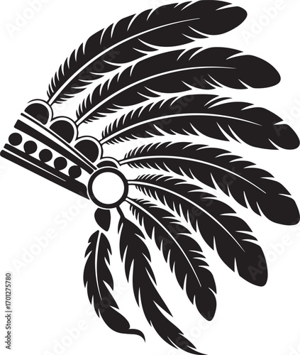 A stylized black and white graphic of a traditional Native American war bonnet with prominent feathers.