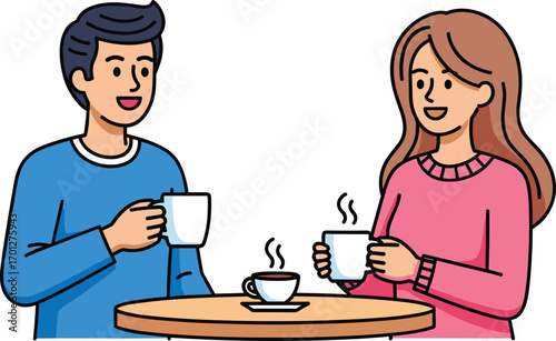 Cartoon couple drinking coffee, sitting together, relaxing in cafe, enjoying hot beverage, talking, bonding, smiling, romantic moment, peaceful atmosphere