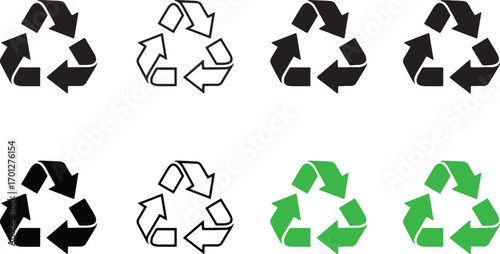 recycling, symbol, icon, logo, arrows, triangle, environment, eco, sustainable, reuse, reduce, recycle, waste, management, conservation, green, black, outline, set, collection, white background, isola