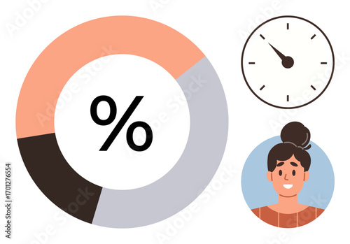 Pie chart displaying data distribution, clock showing time concept, and happy portrait of a woman. Ideal for statistics, time management, reporting, teamwork, productivity, customer satisfaction