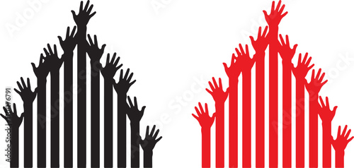 hands, raised, group, unity, teamwork, support, help, community, people, arms, reaching, celebration, success, protest, activism, volunteering, connection, togetherness, black, red, white background, 