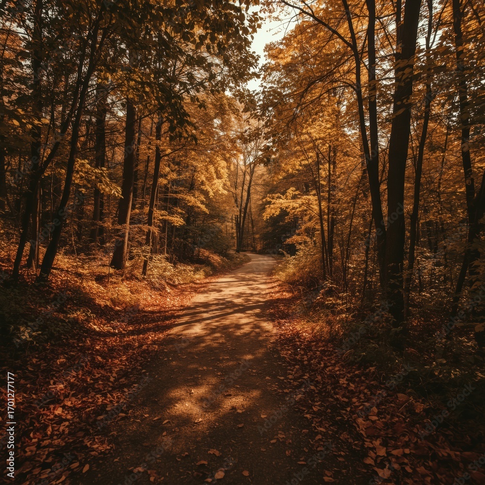 Obraz premium Autumn forest trail with warm sunlight 2