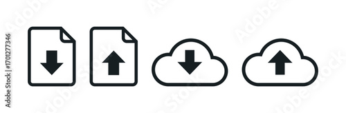 Download and Upload Icons, Minimal Outline Cloud and Document Arrow UI Set