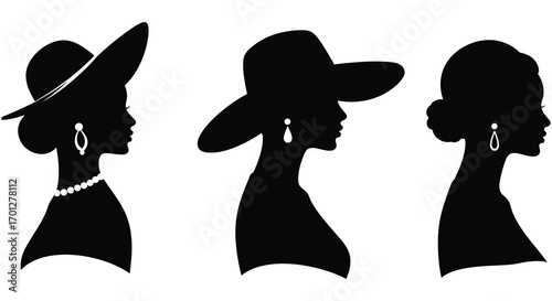 silhouettes of three women wearing elegant hats and jewelry