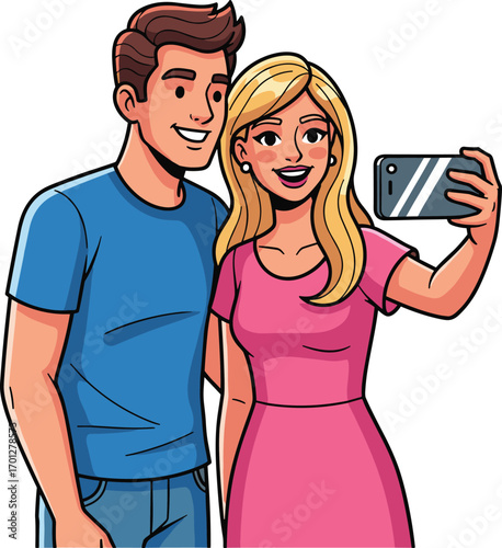 Happy couple taking selfie, man and woman smiling, smartphone photo, cartoon characters, fun moment, casual pose, vector illustration