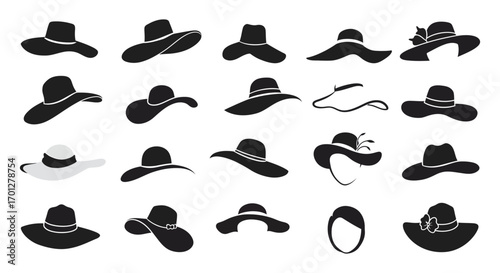 various styles of hats depicted in silhouette form
