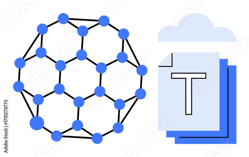 Blue interconnected web structure symbolizing a network beside cloud and text file icons representing data storage and sharing. Ideal for cloud computing, technology, networking, data sharing