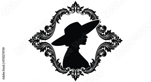 elegant silhouette of lady wearing hat framed by ornate design