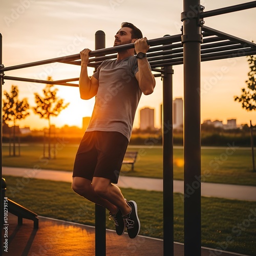 Man doing pull-ups at sunset in outdoor gym.