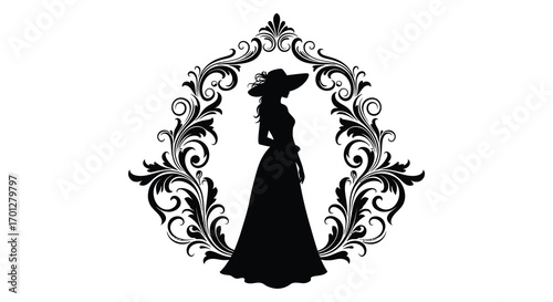 elegant silhouette of lady in hat framed by ornate floral design