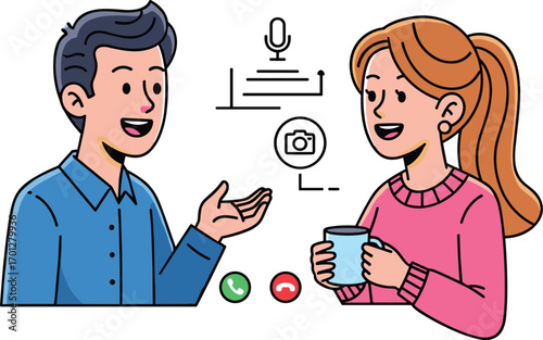 Virtual meeting illustration, man and woman video calling, online conversation, chatting with coffee, remote work, digital communication, vector art