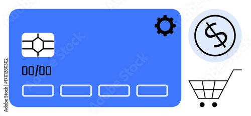 Blue credit card with chip, gear indicating settings, dollar coin, and shopping cart. Ideal for finance, e-commerce, online shopping, transactions, technology money management digital wallets
