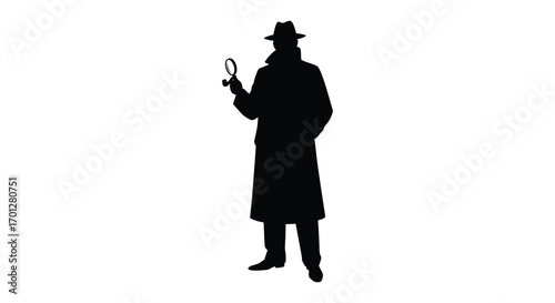 detective silhouette holding magnifying glass examining clues