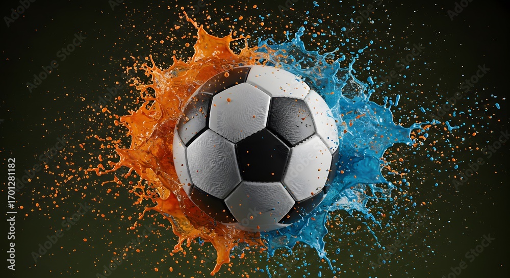 Fototapeta premium Soccer ball bursting through orange and blue splashes against dark background