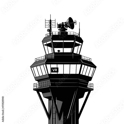 Air traffic control tower silhouette isolated on white background