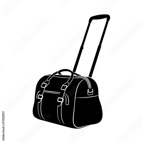 Black duffel bag with wheels and handle silhouette isolated on white background