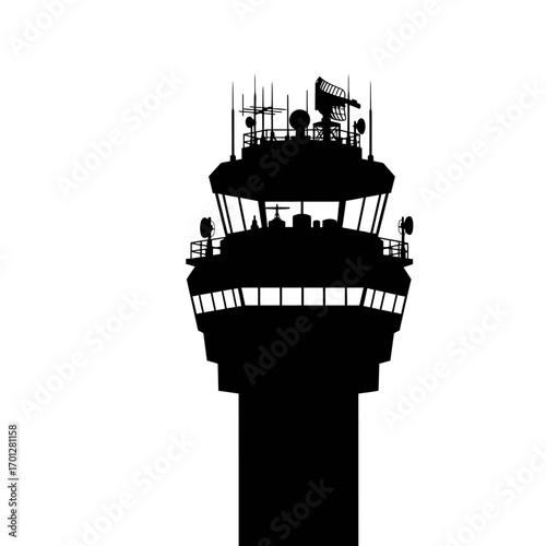Air traffic control tower silhouette isolated on white background