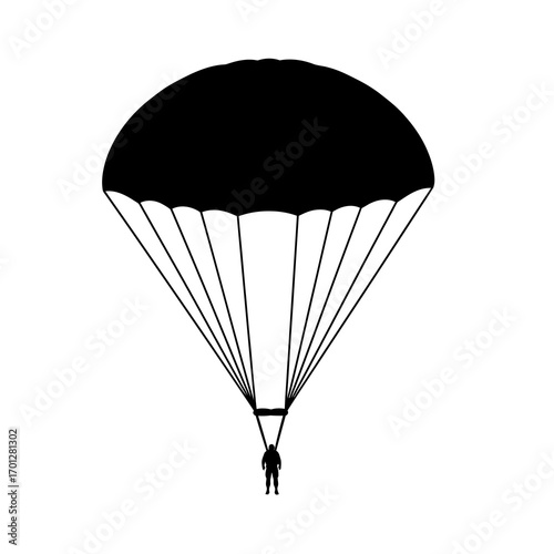 Parachutist silhouette descending with parachute isolated on white background