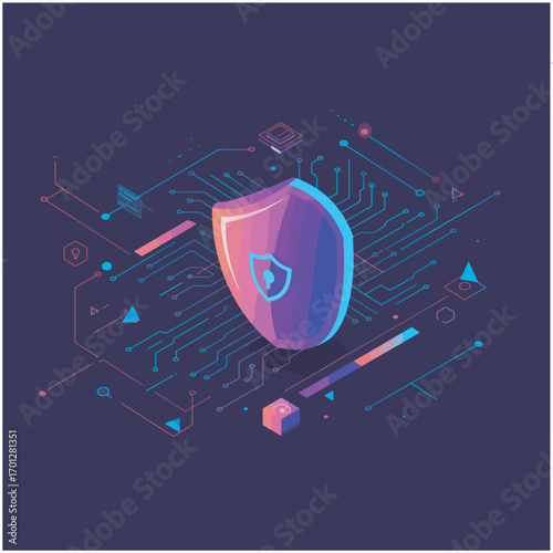 Technological concept of digital defense and online data privacy featuring an isometric shield over a circuit board background