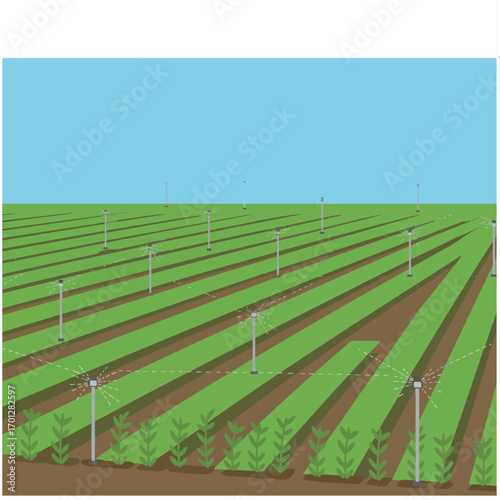 Modern agricultural field with an automated sprinkler system irrigating lush green crops for sustainable food production