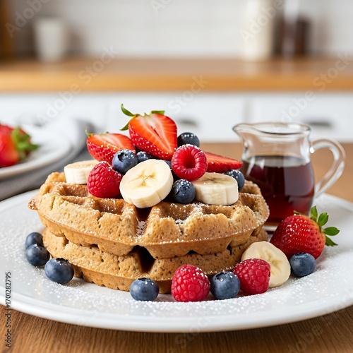 Waffles with fresh berries and banana slices, served with maple syrup.