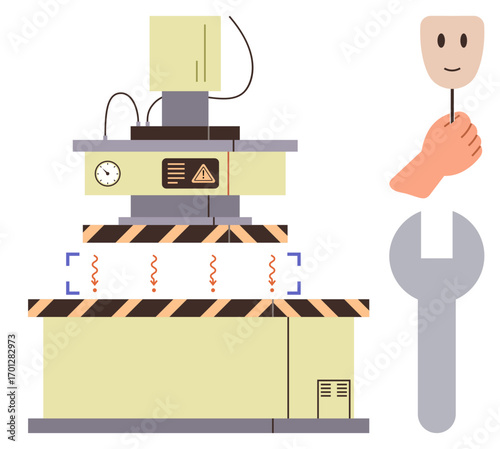 Industrial press machine emitting vibrations, hand holding smiling mask, and large wrench for equipment repair. Ideal for industry, repair, safety, production, creativity, engineering metaphor