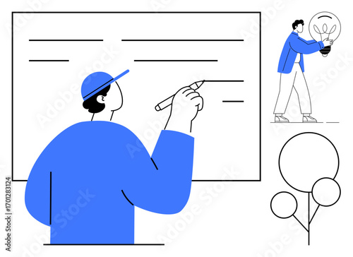 Person writing on board alongside figure holding lightbulb. Ideal for teamwork, education, creativity, innovation, planning, strategic thinking, productivity. Simple flat metaphor
