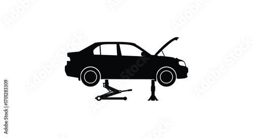 car repair scene with open hood and jack silhouette