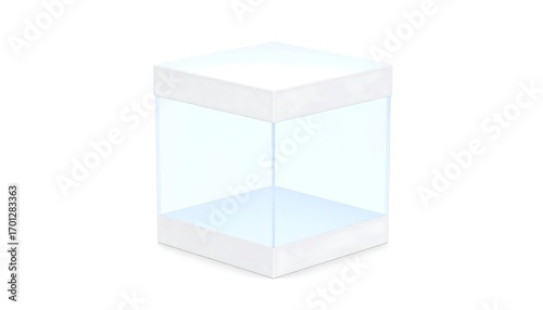 Cube display case, white background, studio shot, product presentation