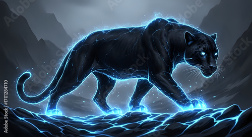 Electric panther prowling, glowing blue energy, powerful predator illustration, fantasy animal art