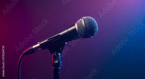 Shining microphone ready for showtime, perfect for music, podcasting, and live performance events