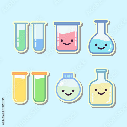 Cute Lab Flasks Icons Set in pastel cartoon style. Perfect for science projects, education, chemistry apps, or stickers. Editable illustration with colorful liquids and adorable smiling faces.